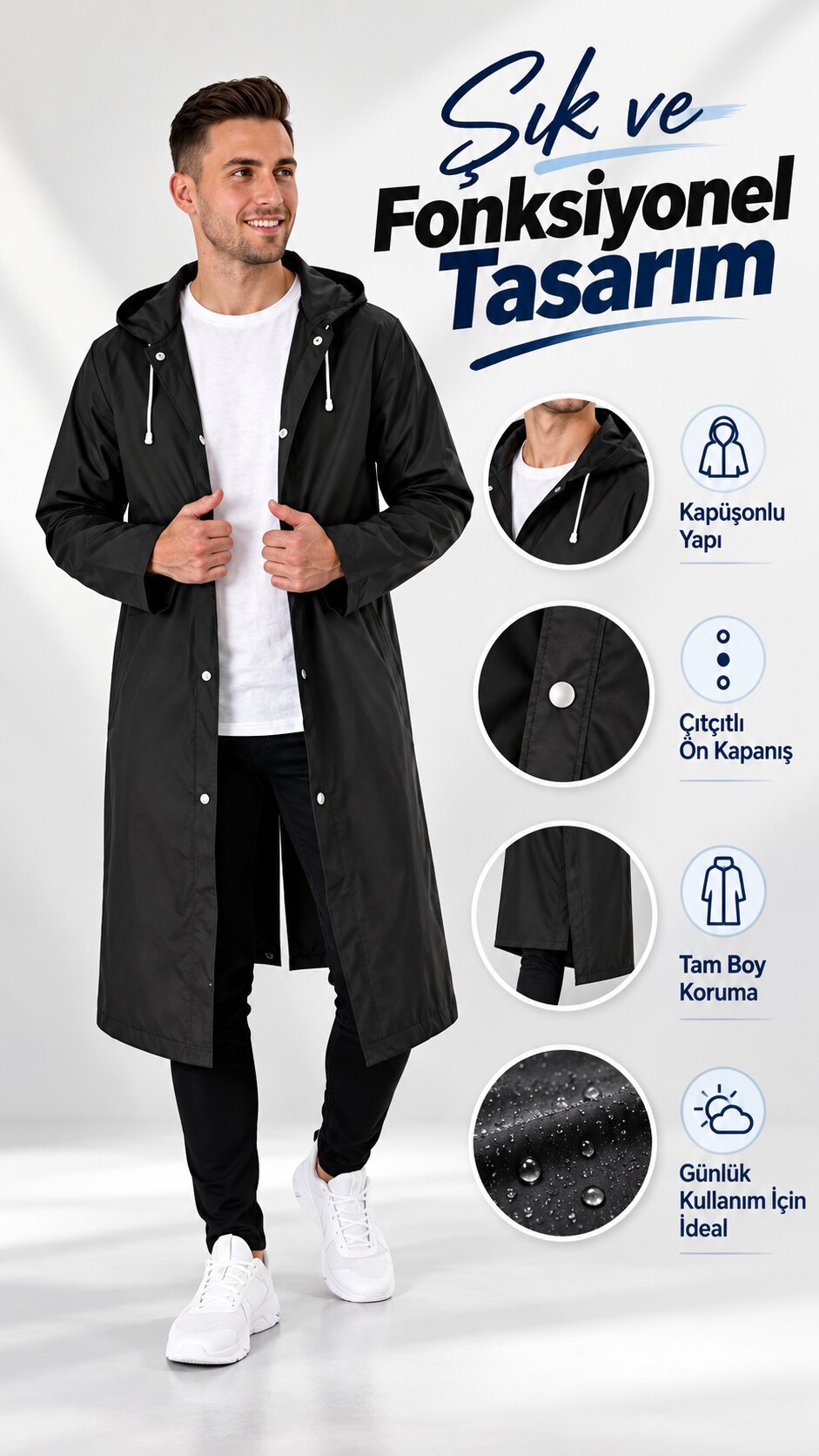 Siyah unisex yağmurluğun tasarım detayları