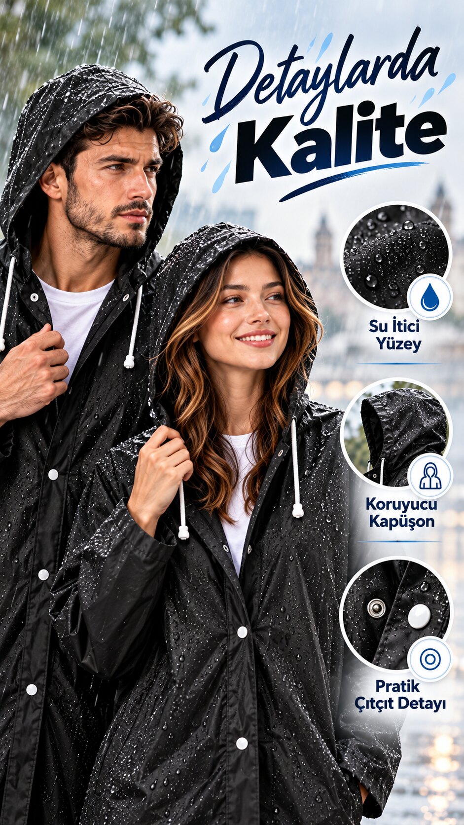 Yağmurluk detayları: su itici yüzey, kapüşon, çıtçıt