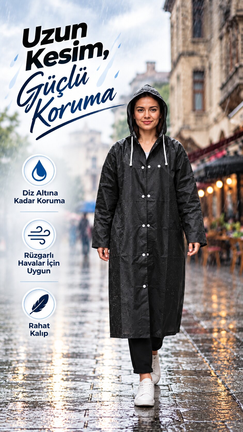 Diz altına kadar uzanan yağmurluk